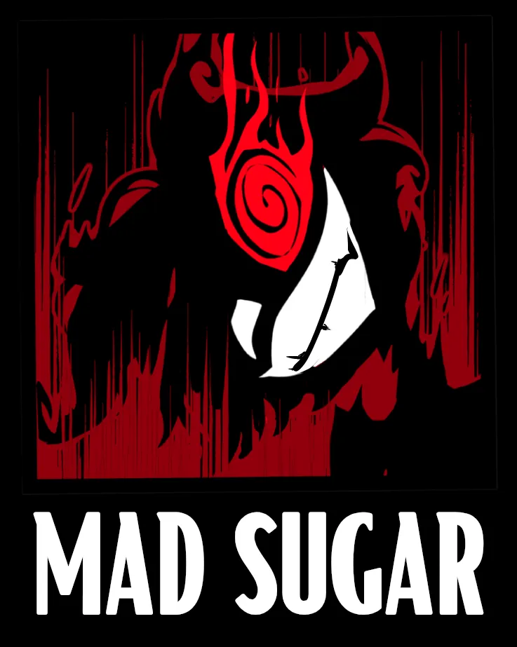 Mad Sugar — a horned warrior with a blood-red spiral face and a white fanged grin